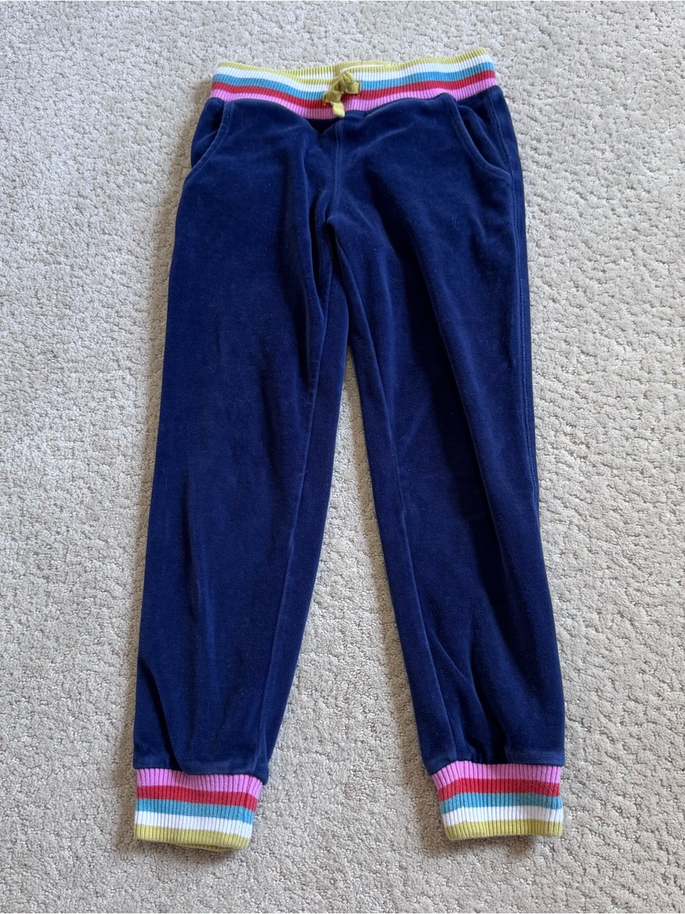 Mini Boden Blue Velour Joggers Rainbow Cuffs Size 8 Y